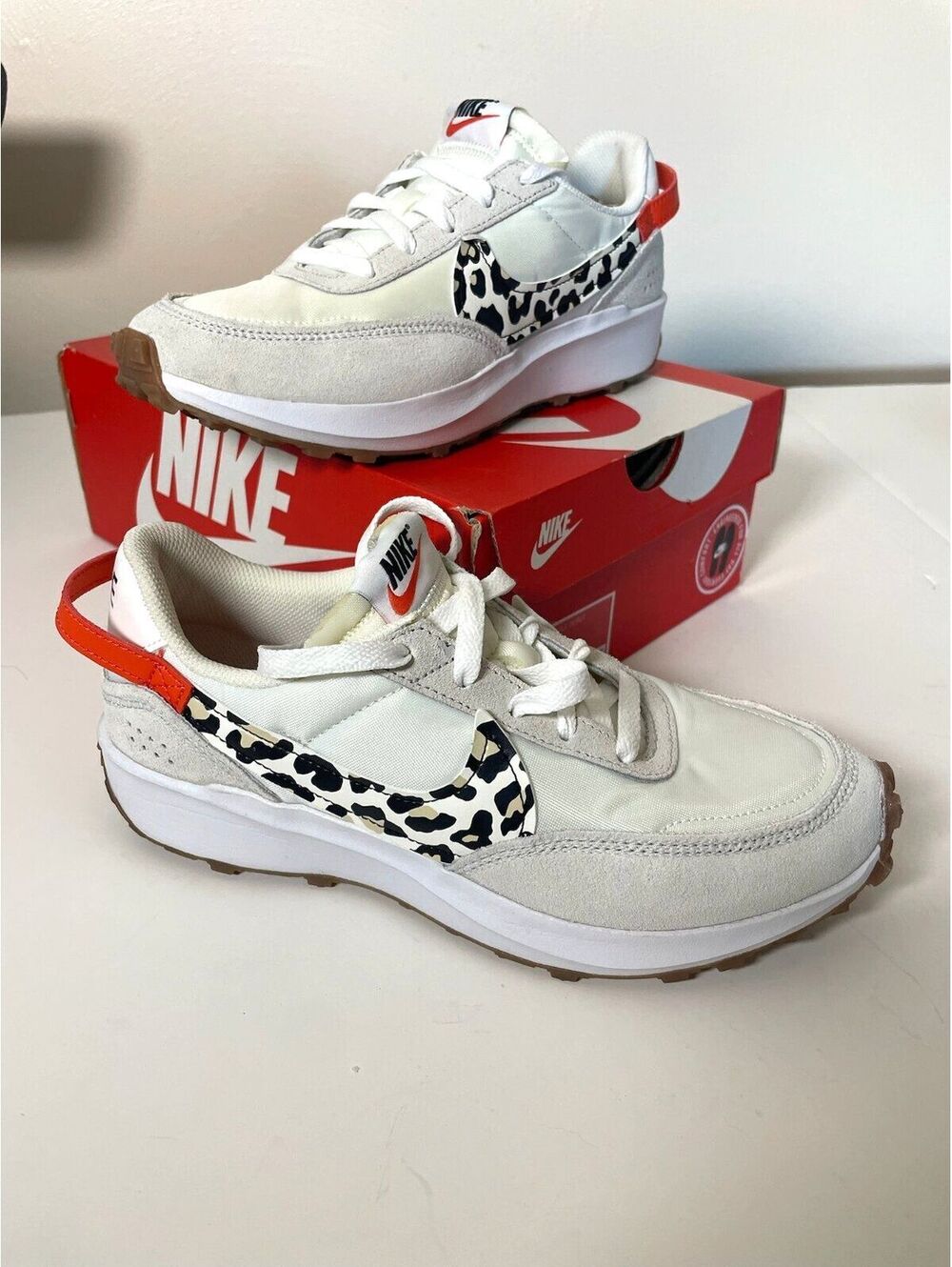Nike Waffle Debut Leopard Print Sneakers White Orange Women's Size 8 NIB